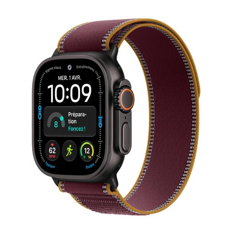 Apple watch ultra 4 gps + cellular 49 mm titane noir boucle trail bordeaux s/m